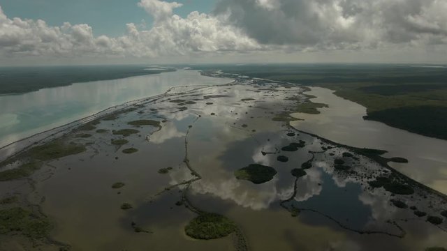 islas de manglar con reflejo en el agua en Bacalar Mexico 