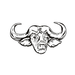 Head of Cape Buffalo or African Buffalo Syncerus Caffer Front View Retro Woodcut Black and White