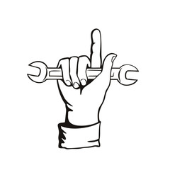 Mechanic Hand Holding Spanner or Wrench Index Finger Pointing Up Retro Woodcut Black and White