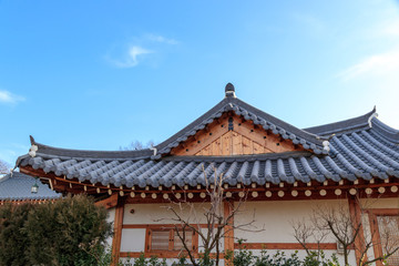 Fototapeta na wymiar Traditional Korean style architecture at Hanok Village. Traditional Korean house.