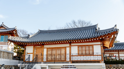 Naklejka premium Traditional Korean style architecture at Hanok Village. Traditional Korean house.