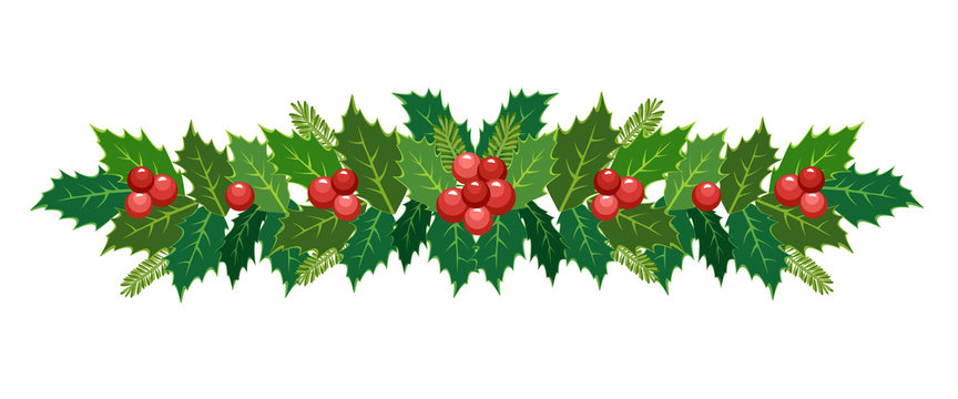 Christmas poinsettia garland. Vector frame, border, decoration for holiday cards, invitations, banners. Holly leaves and berries isolated on a white background. Christmas ornament.