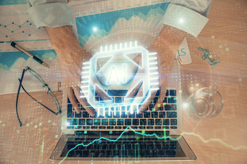 Businessman with computer background with technology theme hologram. Concept of big data. Double exposure.