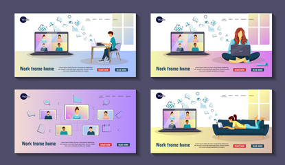 Obraz na płótnie Canvas Set of web page template with people working from home. Distance working and learning, online meeting, video conferencing, communication concept. Vector illustration.
