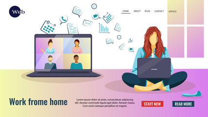 Web page template with woman sitting with laptop and working online. Distance working and learning, online meeting, video conferencing, communication concept. Vector illustration.