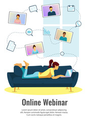 Flyer design with woman on the sofa. Online webinar, distance working and learning, video conferencing, communication concept.  A4 vector illustration for flyer, banner and poster.