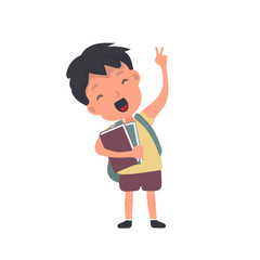 The teenager holds books and waves his hand. Satisfied schoolboy. Suitable for design at school or on vacation. Isolated. Vector.