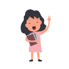 Girl with books waves. A satisfied schoolgirl. Suitable for design at school or on vacation. Isolated. Vector.