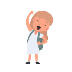 A girl with a backpack waves. Satisfied schoolboy girl. Suitable for design at school or on vacation. Isolated. Vector.
