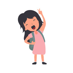 A girl with a backpack waves. Satisfied schoolboy girl. Suitable for design at school or on vacation. Isolated. Vector.