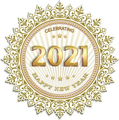 Happy New Year 2021 background with snowflakes and stars in round frame with beads in gold color, template, logo, banner. Vector illustration