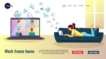 Web page template with woman on the sofa working online. Distance working and learning, online meeting, video conferencing, communication concept. Vector illustration.
