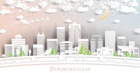 Birmingham Alabama USA City Skyline in Paper Cut Style with Snowflakes, Moon and Neon Garland. - obrazy, fototapety, plakaty