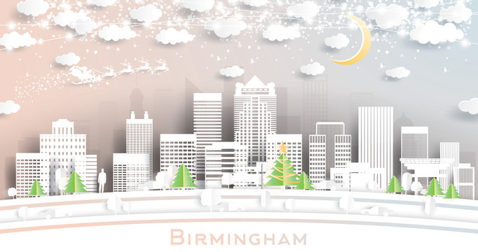 Birmingham Alabama USA City Skyline in Paper Cut Style with Snowflakes, Moon and Neon Garland.