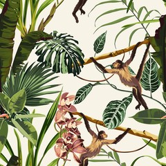 Fototapety  Wzór z monstera, liany, liści, kwiatów orchidei i małpich zwierząt. Ilustracja na beżowym tle.