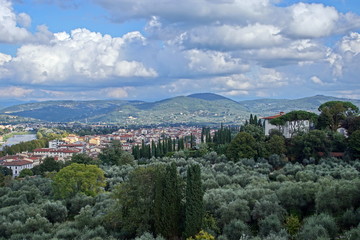 Obraz premium Zielone przedmieścia w pobliżu miasta Florencja, Toskania, Włochy