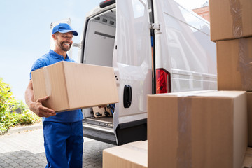 Truck Mover Unloading Van Carrying Boxes