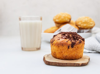 Vanilla muffins and muffins with streusel in paper cups with a glass of milk. Breakfast or snack for children.