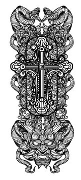 Tattoo art snake and cross hand drawing and sketch black and white