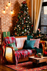 Interior room with brick walls and a window, Christmas tree, sofa and table with christmas-style things