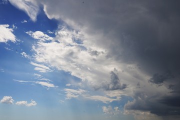 dark storm clouds over blue sky before rain