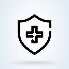 medical shield icon or logo line art style. Outline Immune system concept. protection shield cross illustration.