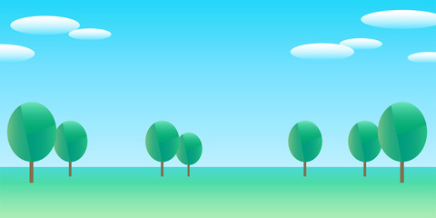 Background of simple landscape with clouds and trees. Vector illustration.
