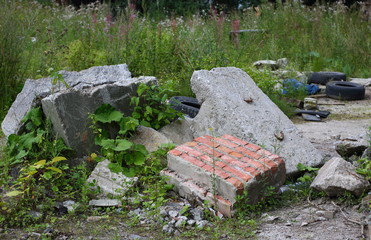 Brick and concrete debris in the green grass