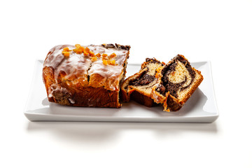 Poppy seed cake on white background
