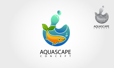 Aquascape Vector Logo Illustration. Nature Aquarium Fish Logo Template. Fish and Leaves Logo Symbol. 