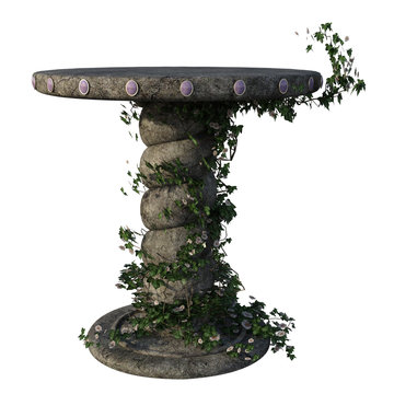 Stone Pedestal Covered In Vines Isolated On White, 3d Render.