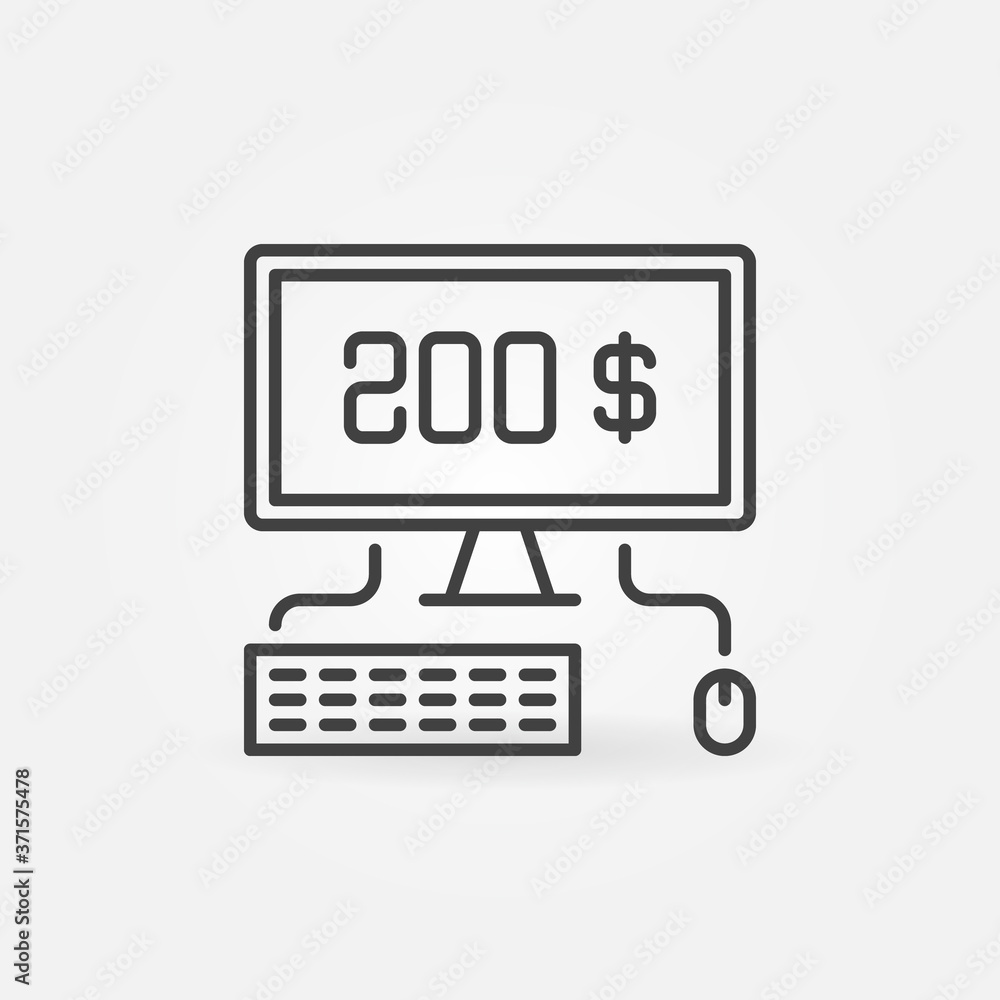 Poster desktop computer with online banking linear vector concept icon or logo element