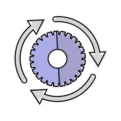 Vector gear icon and three arrows. Workflow symbol cartoon style on white isolated background.