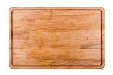 Rectangular wooden cutting board, top view, isolated on a white background.