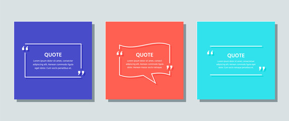 Quote text box. Quotations frame template. Vector. White info comments and messages in textboxes on color background. Set of speech bubbles. Colorful illustration. Cards with phrases in brackets.