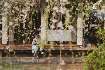 葉桜を見つめる人