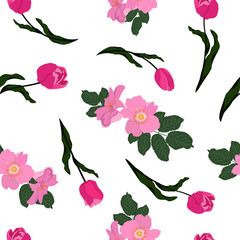 Seamless vector illustration with tulips and dog-rose