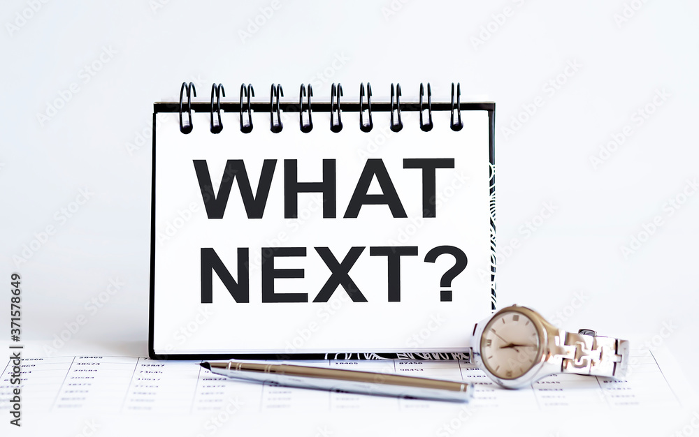 Poster word writing text what next on notepad. business concept with clock,pen and chart