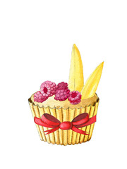 Hand painted watercolor cupcake with  raspberries and mango pieces and red bow knot isolated on the white background