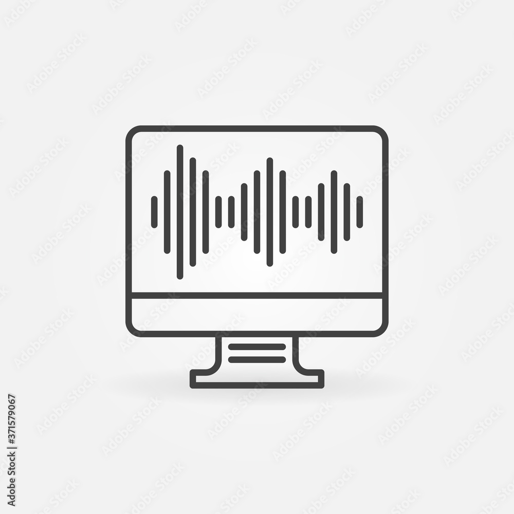 Poster computer display with sound wave line icon. sound editing linear vector concept icon or logo element