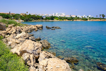 Fototapeta na wymiar Panorama of Sirena beach with turquoise clear water, Protaras, Cyprus