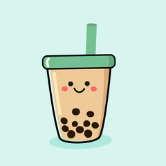 Bubble milk green tea cup icon isolated on white background vector. Cute cartoon character.