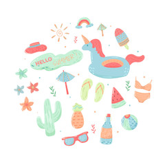 set of summer things objects hand drawn doodle illustration