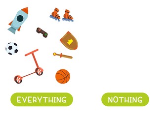 Everything and nothing antonyms word card vector template. Opposites concept. Flashcard for english language learning. All children's toys are gathered together, there is nothing..