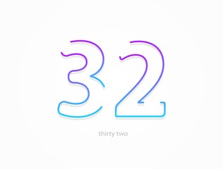 32 number, outline stroke gradient font. Trendy, dynamic creative style design. For logo, brand label, design elements, application and more. Isolated vector illustration