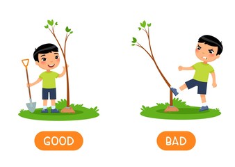Antonyms concept GOOD and BAD. Kids flash card with opposites vector template. Word card for english learning with little boy.