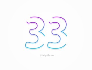 33 number, outline stroke gradient font. Trendy, dynamic creative style design. For logo, brand label, design elements, application and more. Isolated vector illustration