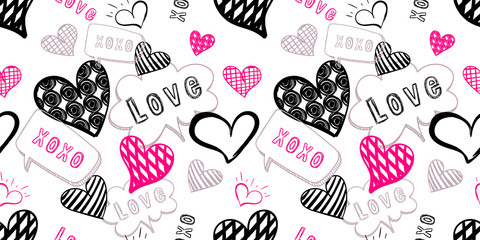 Vector seamless pattern, hand drawn doodle hearts, love illustration, background template, black and pink scribble lines.