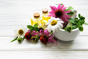 Medical flowers and plant in mortar and essential oils on a white wooden table