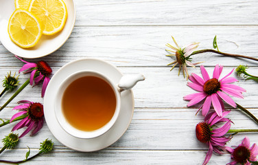 Echinacea tea with lemon and fresh flowers.